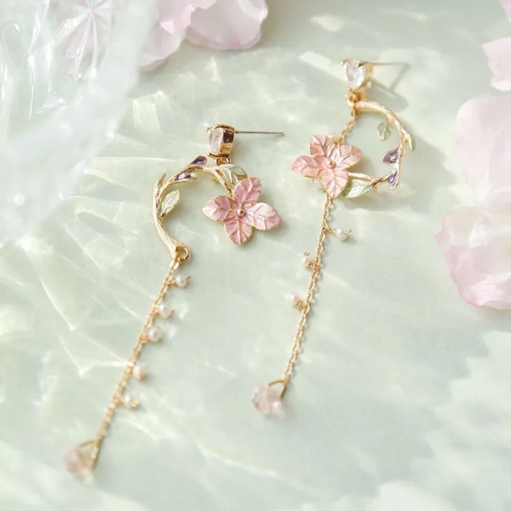 Floral drop earrings dangle gold stud heart bead stone womens pink green